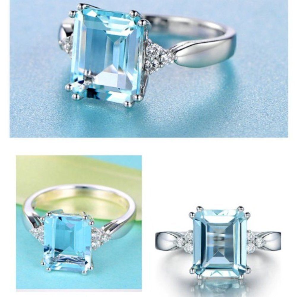 Aquamarine Diamond Sterling Silver Ring